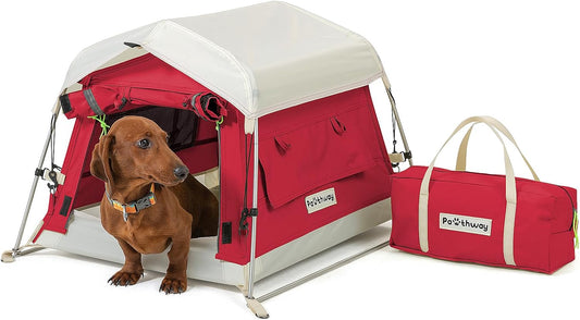 Dog Tent Cotton Fabric, Aluminum Poles and Camping Mat, Outdoor Weatherproof, Dog House Outdoor, Breathable with 2 Side Windows, Portable and Collapsible (Red, Small)