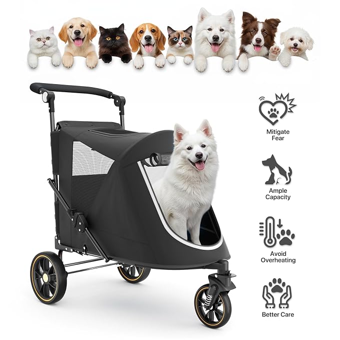 MoNiBloom Pet Stroller for Large Dogs or Dogs Cats up to 55 lbs, Black | with Adjustable Handle, 3-Wheels Dual Entry Portable Dog Carting Easy Folding Pet Wagon Double Multiple Dog Stroller