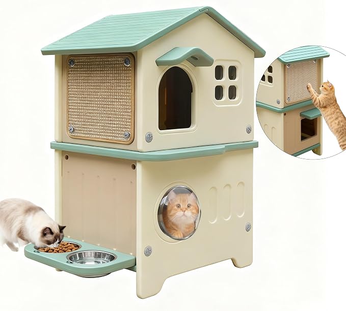 Cat House Outdoor Weatherpoof Plastic Cats Houses 2-Story | with Elevated Cat Bowls, Cat Scratch Pads and Escape Door, Indoor Waterproof Feral/Pet Cat Shelter Outside for Multiple Cats