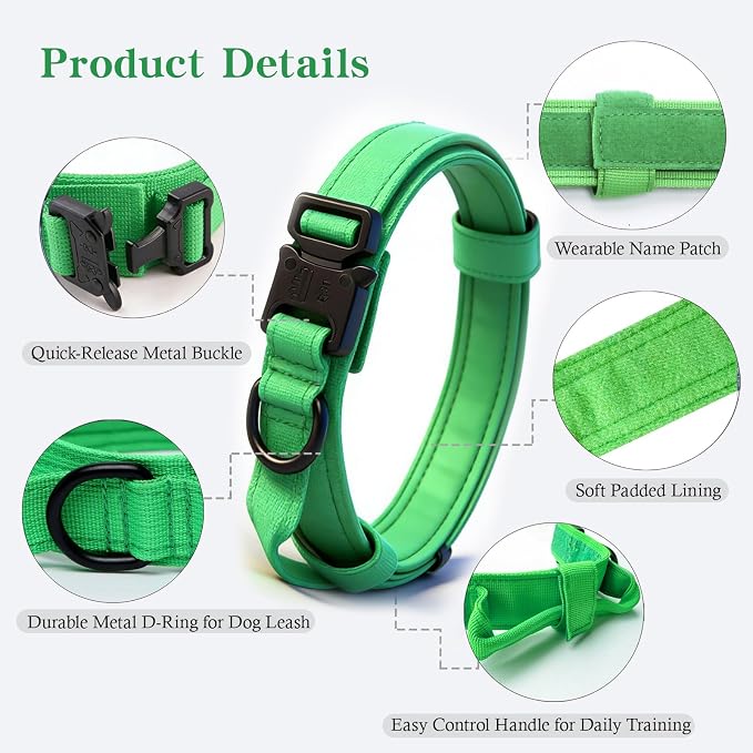 Tactical Dog Collar for Large Dogs with Control Handle,Bright Green,XXL | 1000D Heavy-Duty Nylon Fabric,Quick-Release Metal Buckle,Adjustable Fit,Soft-Padded Webbing,D-Ring,for Training & Hiking