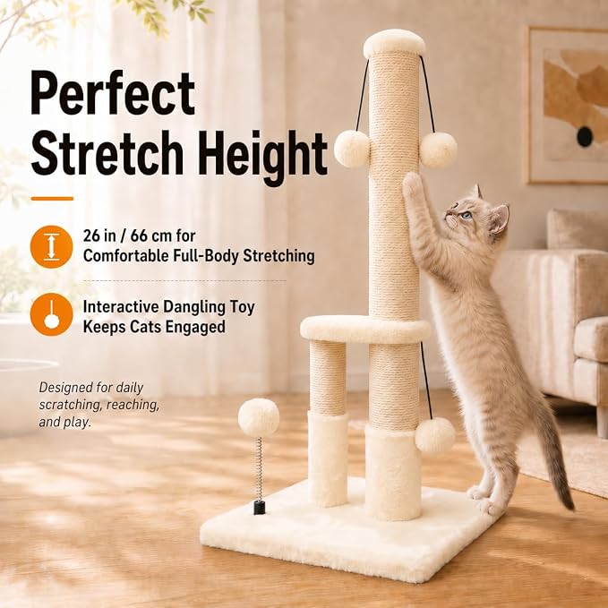 Dimaka Tall Cat Scratching Post, Double Lower Posts Extra Stable Cat Post Tree Scratcher with Sisal Rope and Teasing 4 Balls Total Large Base (Beige)