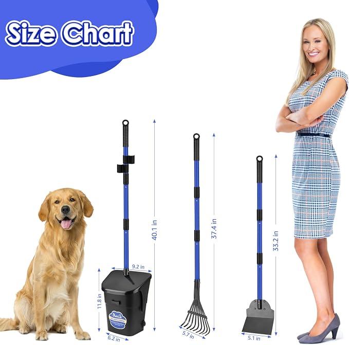 Lukovee Dog Pooper Scooper, 37.4" Long Metal Handle, No Bending Swivel Bin | Portable, Adjustable, Rake Spade Kit, Non-Stick Stainless Steel, 3L Odor-Seal Bin, Works on Grass Gravel Concrete, 20 Bags