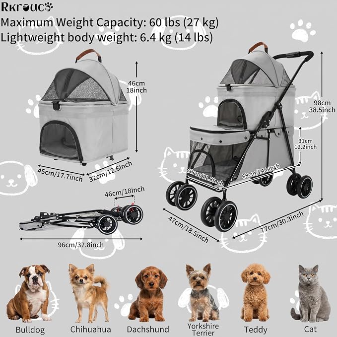 Foldable Double Pets Stroller for Dog Portable Cat Strollers for Small Medium Pet with One Detachable Carrier Flexible Lockable Wheels Lightweight Dogs Jogger (Gray)