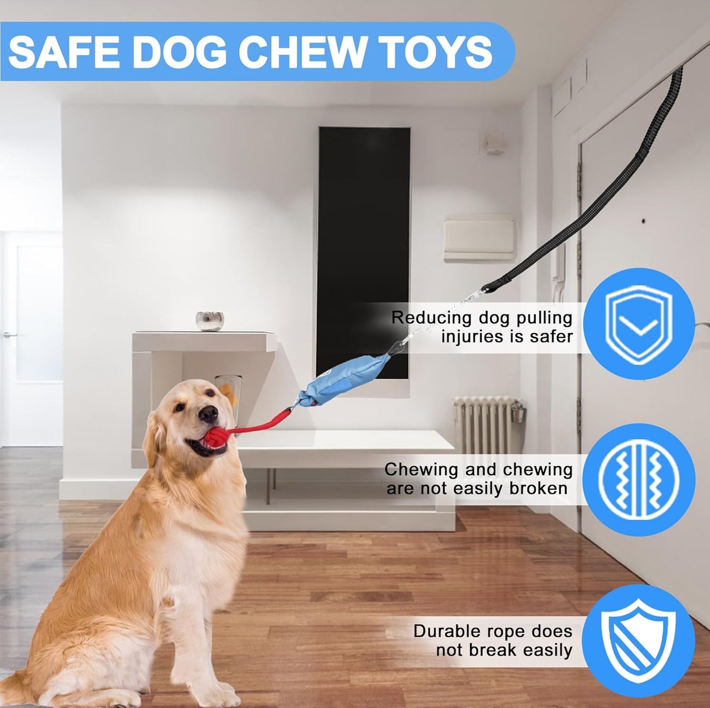 Dog Tree Tug of War Toy with Handles,Tethered Tug of War Outdoor Toy with Squeaky Self Play for Aggressive Chewers, Durable Bungee Cord with Chew Ball