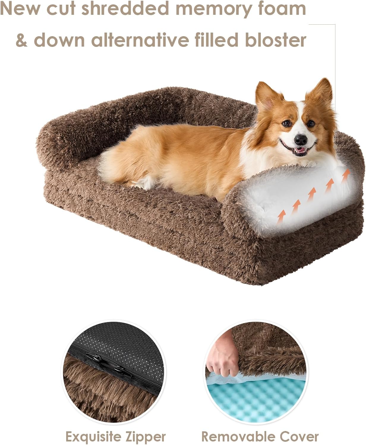 EHEYCIGA Foldable XL Dog Bed, Faux Fur Fluffy Pet Couch Bed for Large Dogs, Orthopedic Calming Memory Foam Big Pet Bed, Washable Soft Pet Sofa Bed with Non-Slip Bottom, Brown, 46"x34"x6.5"
