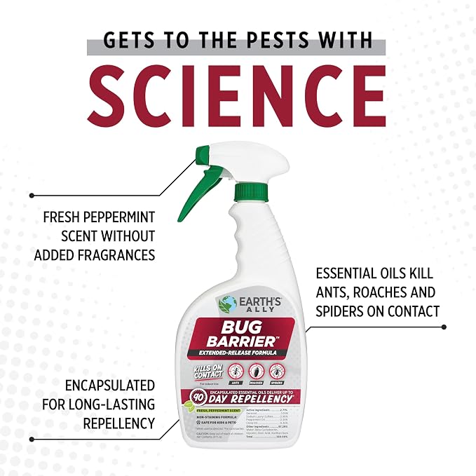 Earth’s Ally Bug Barrier - Plant Bug Spray with Essential Oils Kills Crawling Insects On Contact - Indoor Pest Control for Ants, Roaches, Spiders - Safe for Use Around Kids and Pets - 24 Ounces