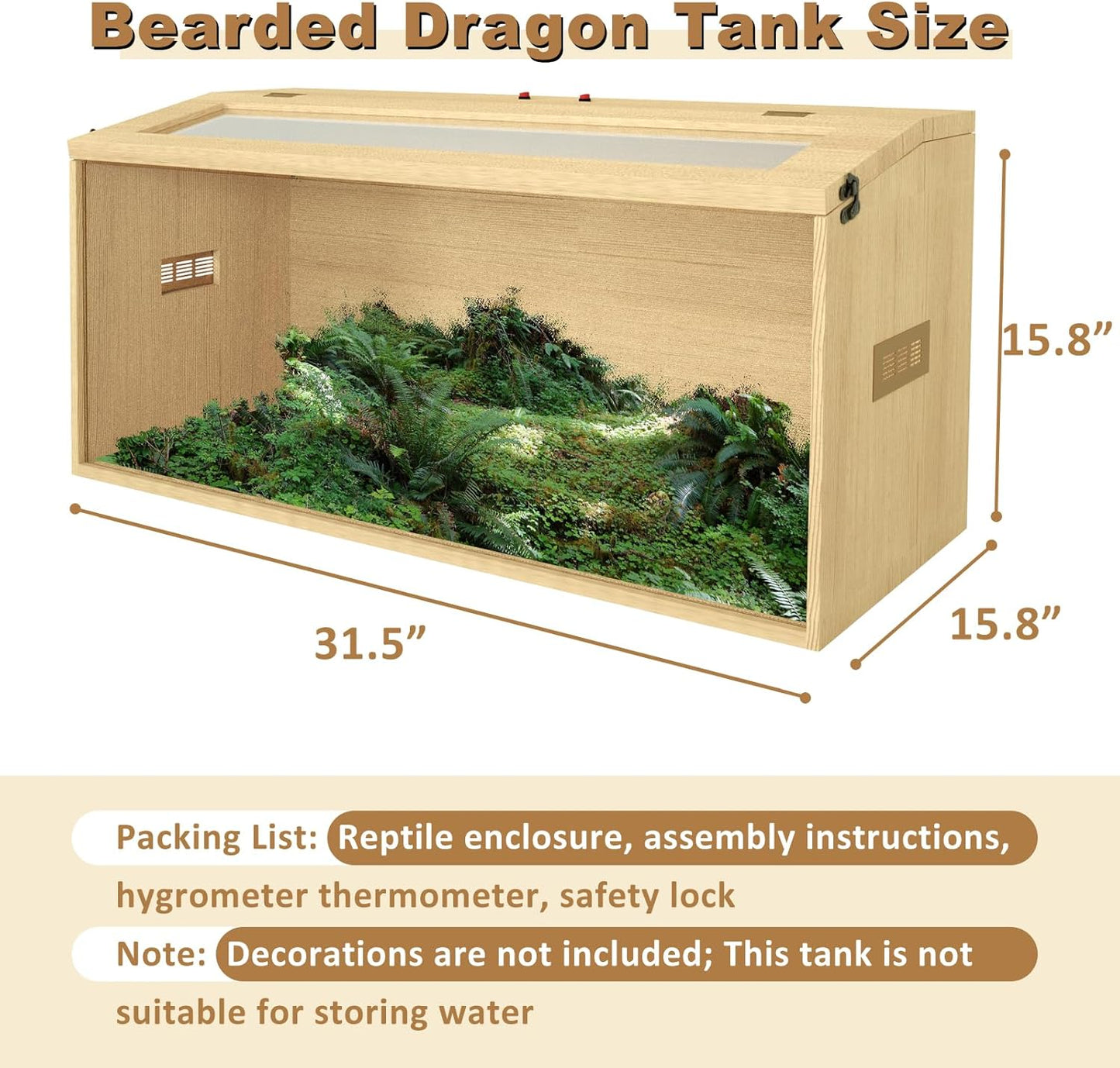 34 Gallon Bearded Dragon Tank, Lockable Reptile Terrarium Tank, Large Snake Enclosure, Lizard, Leopard Gecko Tank with Openable Roof Door, (Wooden, 32" L x 16" W x 16" H)