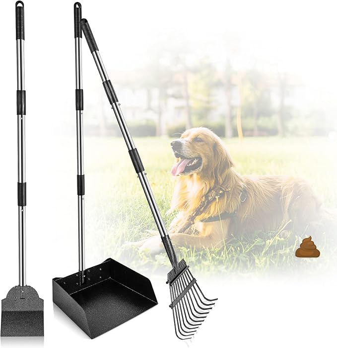 Petrip Large Pooper Scooper, Detachable Long Handle Poop Scooper for Large Medium Dog, Metal Dog Pooper Scooper with Rake Tray Spade, Easy Pick Up, Suitable for Lawn, Soil and Gravel