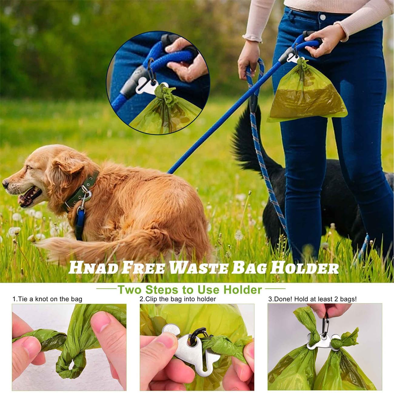 Dog Poop Bag Holder for Leash Attachment - Waste Bag Dispenser for Leash - Fits Any Dog Leash - Portable Set with Hand Free Holder Metal Carrier, Black Round Shape