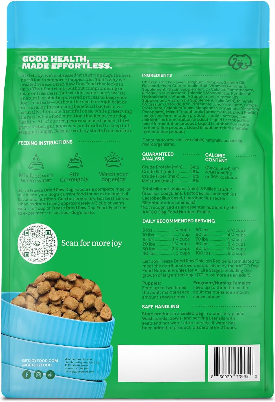 Get Joy Gut Health Fresh Freeze Dried Raw Meal, Chicken Recipe, 16 Ounce Bag, Dog Food for Dogs of All Breeds and Life Stages, PhD Animal Nutritionist Formulated, Made in USA