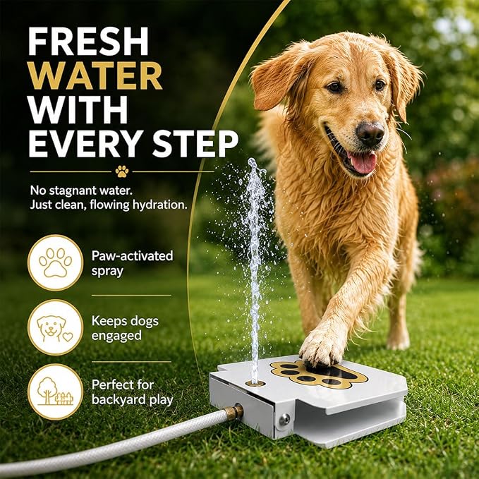 Outdoor Dog Water Fountain Step On - Dog Sprinkler Paw Activated for Large Medium Dogs - Outside Pet Drinking Water Dispenser Toy, Upgraded Copper Valve, Hose & Y Splitter (1PC)