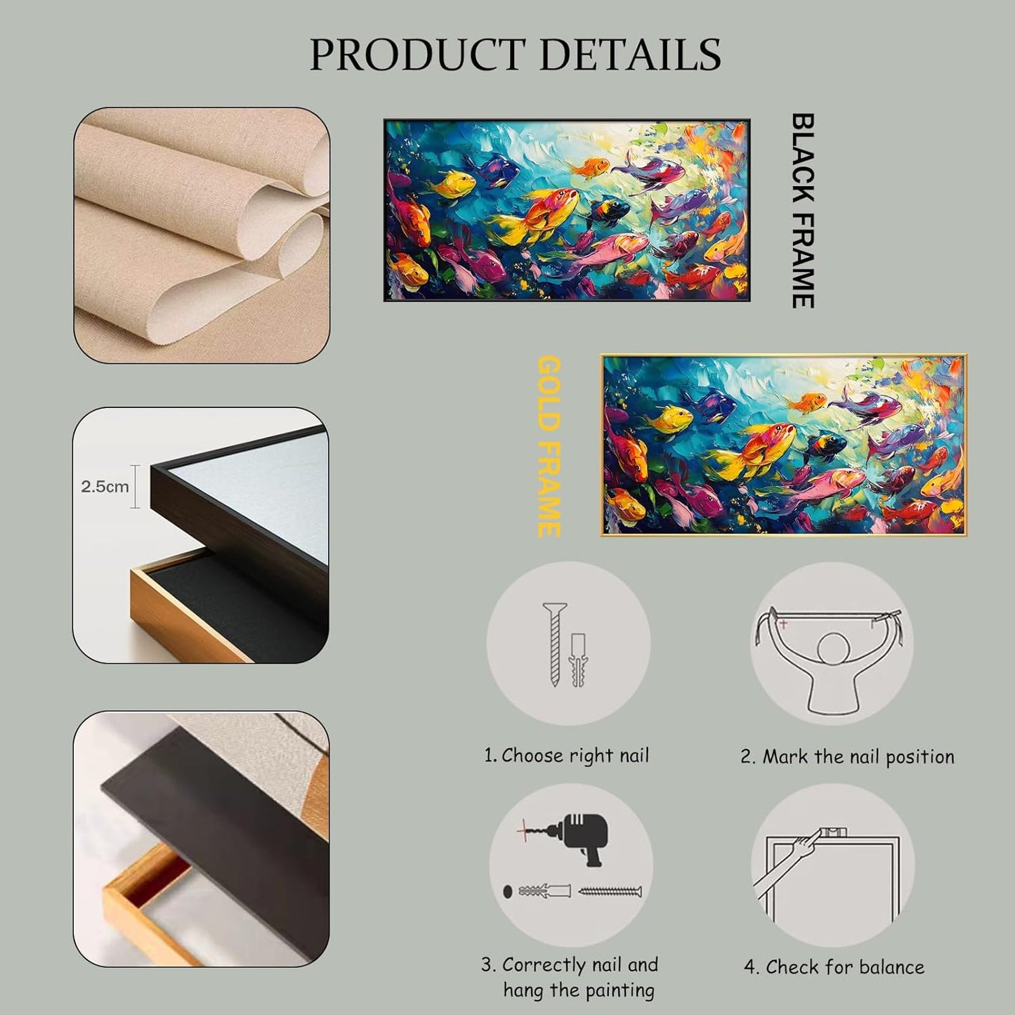 School of Fish Printed Canvas Wall Art – Framed Abstract Ocean Print – Vibrant Fish Wall Decor for Living Room, Bedroom, Office (Black Framed, 47"x23"|120x60cm)