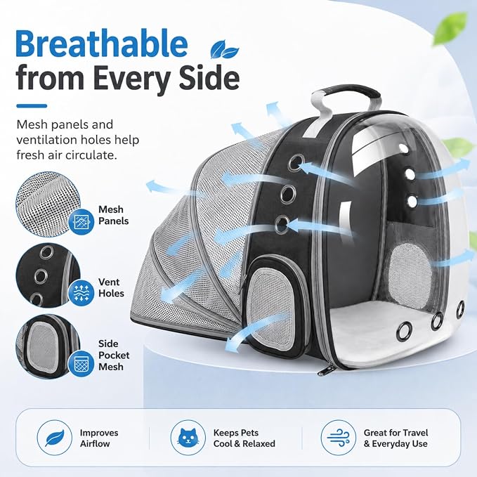 Expandable Cat Carrier Backpack for Cats and Dogs, Bubble Window Pet Travel Backpack with Breathable Mesh, Anti-Collapse Structure, Side Door, Safety Leash, for Vet Visits, Hiking, Outdoor, Black