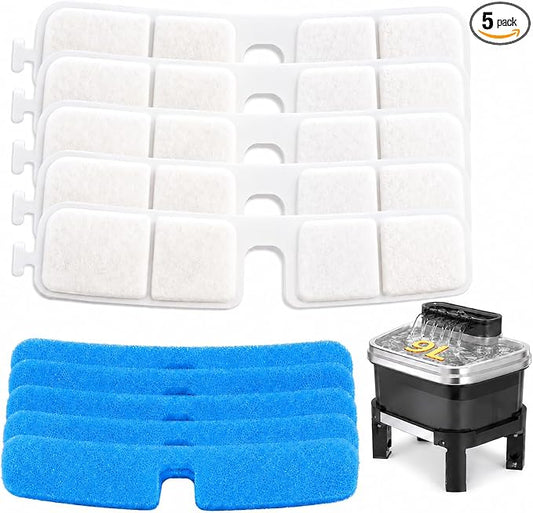 RPZ Dog Water Fountain Filter Replacement, 5 Pack for 9L Pet Fountain | Activated Carbon and PP Cotton Filters With Sponges Help Keep Dog Fountain Water Clean And Fresh