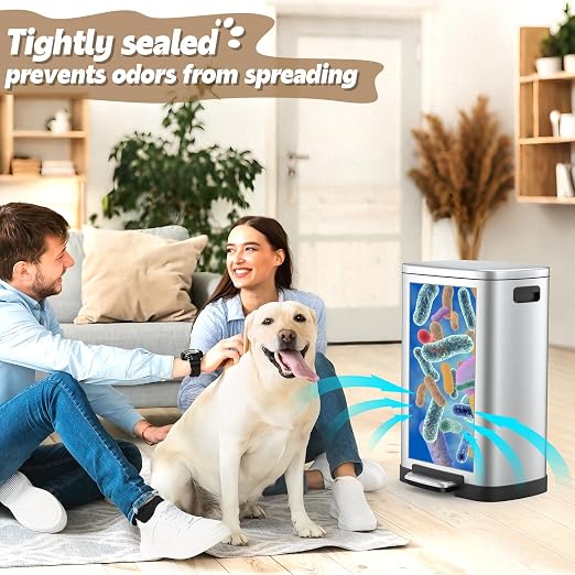 Dog Poop Trash Can Outside, 50L/13 Gal Waterproof & Odor Control Outdoor Trash can, Stainless Steel Dog Waste Container with Foot Pedal & Lid, Heavy-Duty Pet Poop Bucket for Patio（Silver）