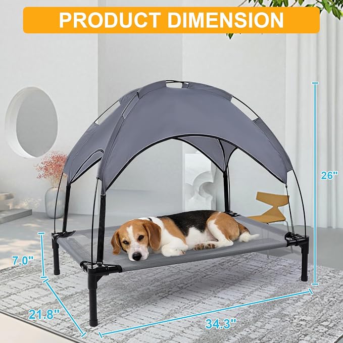34.3'' Outdoor Elevated Dog Bed with Canopy, Cooling Raised Dogs Bed(Small) | Outdoor Dog Bed with Canopy Medium Large Size Dogs with Ice Pack, Dog Cooling Beds, Outdoor Pet Hammock Beds, Outside Pet Bed