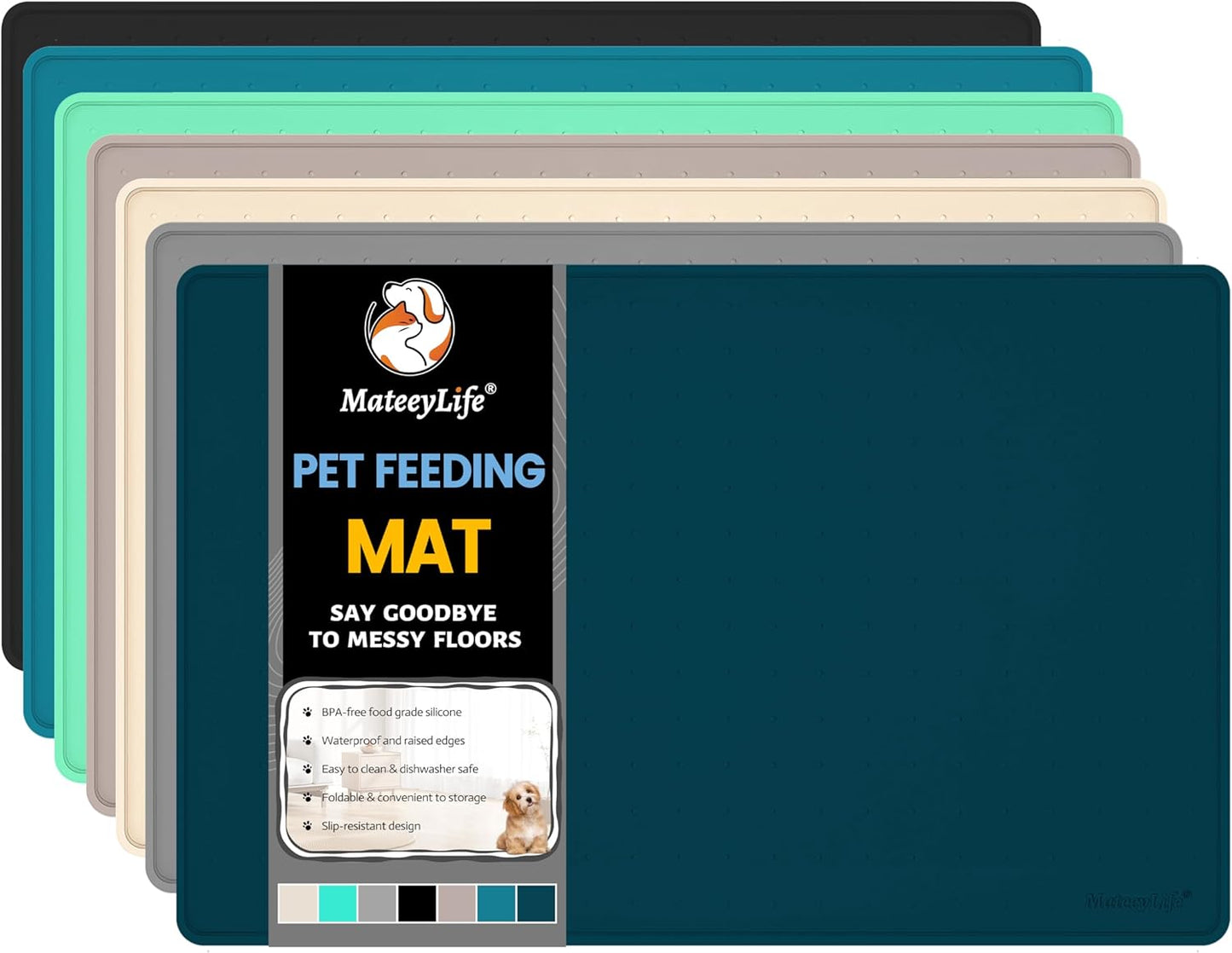 MateeyLife Dog & Cat Food Mat, Waterproof & Nonslip Silicone Feeding Mats for Dogs and Cats, Raised Edge Tray for Messy Drinkers, 24"x16", Navy