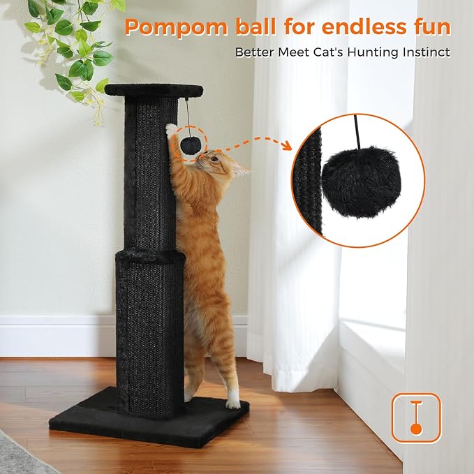PAWZ Road Large Cat Scratching Post 32” Tall Black Scratching Post for Indoor Cats Adults Ultimate Scratch Post with Woven Sisal, Large Base and Removable Dangling Ball- Black | Heavy Duty Cat Post with 16x16”Large Base Covered Sturdy Woven Sisal Scrat...