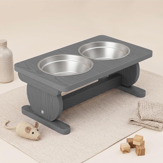 Raised Dog Bowl Stand for Small Sized Breed, Feeding Station with 21 oz 2 Stainless Steel Bowls & Licking Plate,Dog Food Bowl Gray