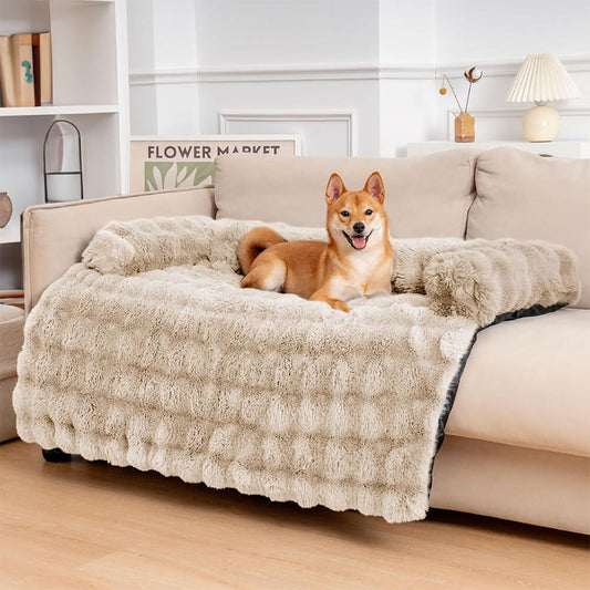 FUNNY FUZZY Pet Fluffy Plush Calming Dog Couch Bed Sofa Protector Washable Pets Mat for Large Medium Small Dogs and Cats (Coffee,47.24 × 37.4 × 6.3 in)