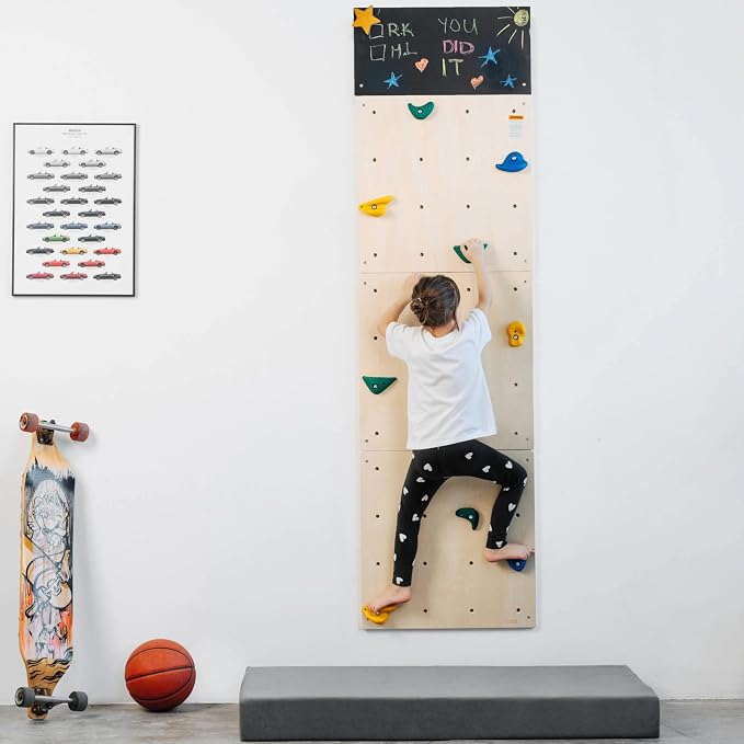 ComfyBumpy Rock Climbing Wall for Kids | Indoor Playground Play Gym Set with Drawing Blackboard & 12 Non-Slip Holds | Durable Wooden Climber for Ages 3+ | 132 lbs Capacity | Easy Assembly