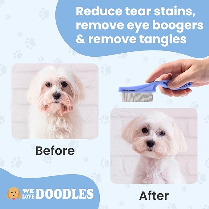 We Love Doodles Small Dog Face Grooming Comb and Small Slicker Brush Bundle - Tear Stain Remover For Dog Eye Boogers - Long Pin Brush For Dematting - Pet Eye Brush - Combs For Grooming - Made in USA