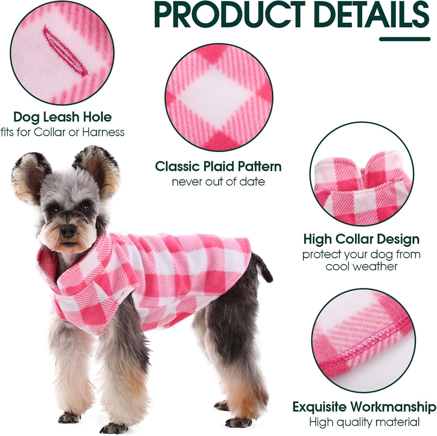 Kuoser Dog Fleece Vest,Warm Plaid Dog Sweater with Leash Hole,Soft Turtleneck Winter Pet Jacket Dogs Coat Pullover Clothes for Small Medium Dogs Cats,Spring Fall Cold Weather Christmas Outfit,Pink M