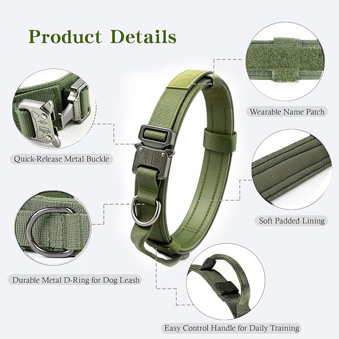 Tactical Dog Collar for Large Dogs with Control Handle,Green,XL | 1000D Heavy-Duty Nylon Fabric，Quick-Release Metal Buckle，Soft-Padded Webbing，Velcro Patch&D-Ring for Training and Hiking