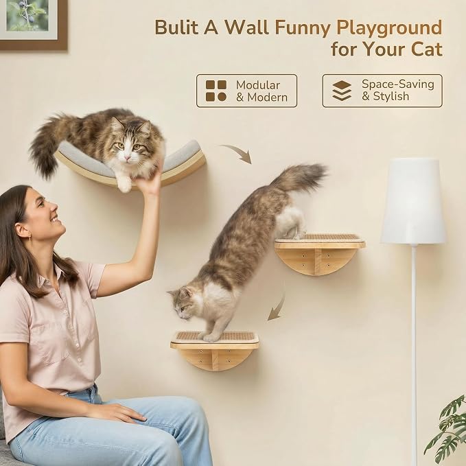 Cat Wall Shelves and Cats Window Perch – Natural Wood 4-Piece Set with Foam-Padded Curved Bed and Felt Steps, Space-Saving Wall Mounted Design