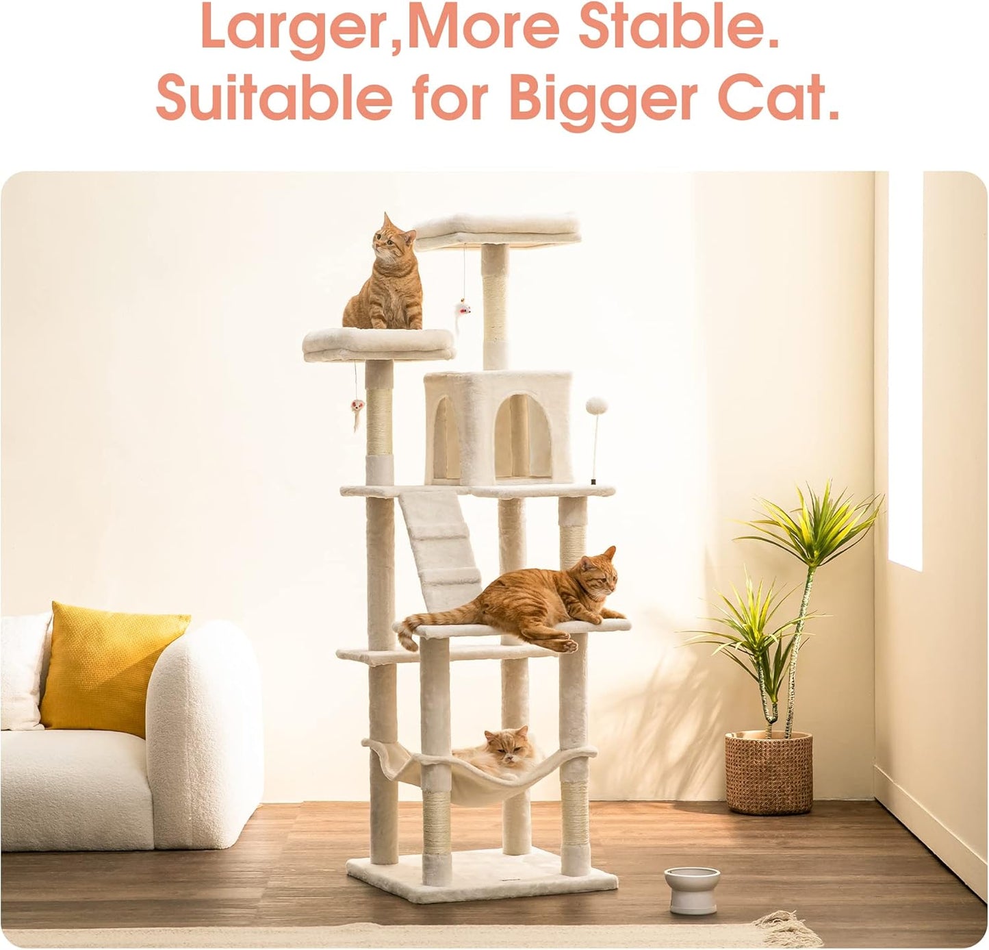 MWPO 70.1-Inch Large Cat Tree, Multi-Level Tall Cat Tower for Indoor Cats, Plush Cat Condo with Big Padded Perches, Sisal-Covered Scratching Posts, Hammock, Toys for Kittens & Cats - Beige