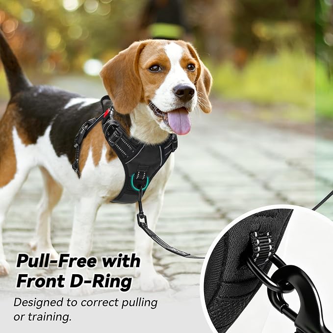PoyPet No Pull Dog Harness Large with Front Clip & Neck Release Buckle | No Choke, Adjustable Vest, Reflective, Back Clip, Lockable, Soft Padded, Easy Control Handle for Walking Training, L, Black