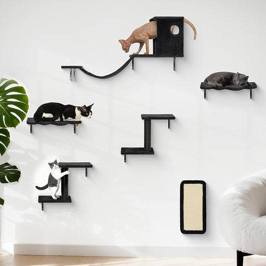Meecal 6-in-1 Cat Wall Shelves, Wall Mounted Cat Furniture Set with Scratching Posts, Cat Bed & Bridge, Space Saving Cat Climbing Perch for Kittens, Black