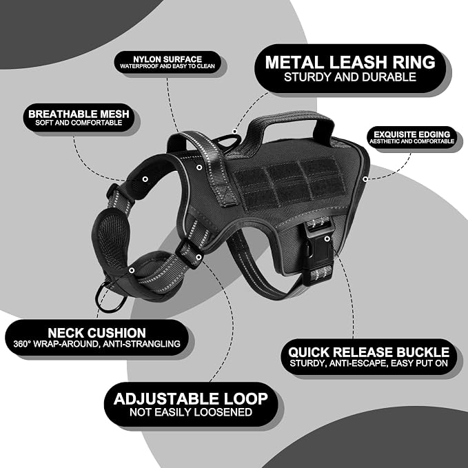 Dog Harness, Tactical No Pull for Small Sized Dog with Handle | Breathable Soft Padded, Adjustable, Reflective, Molle System, Heavy Duty, No Choke for Walking Training, Black Small