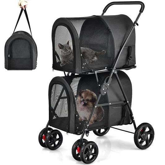 Giantex Double Pet Stroller with 2 Detachable Carrier Bags, Safety Belt, 4 Lockable Wheels, Folding Cat & Dog Stroller for Small Medium Pets, Cats Dogs Puppy Travel Strolling Cart (Black)