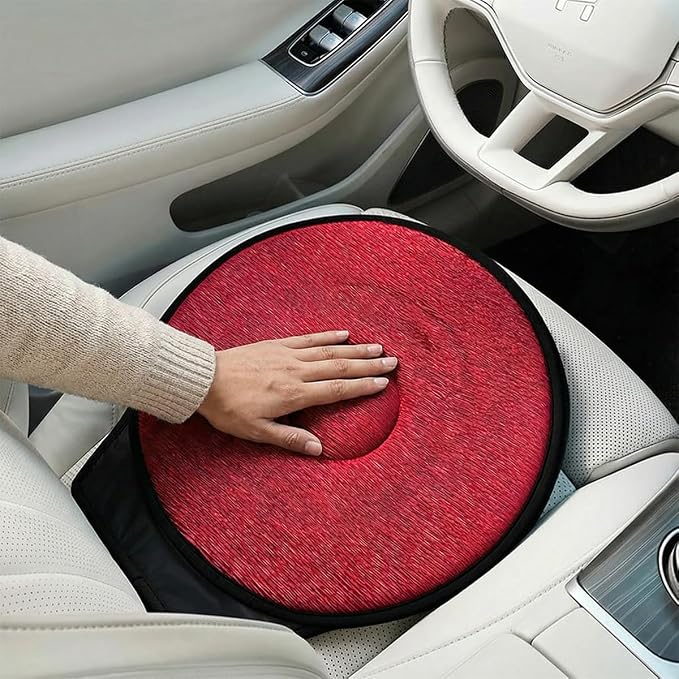 360 Degree Swivel Car Seat Cushion, Round Rotating Non Slip Vehicle Chair Pad for Elderly Support, Portable Removable Automotive Interior Seat Assist Pad, Universal for Sedan RV Truck (Red)