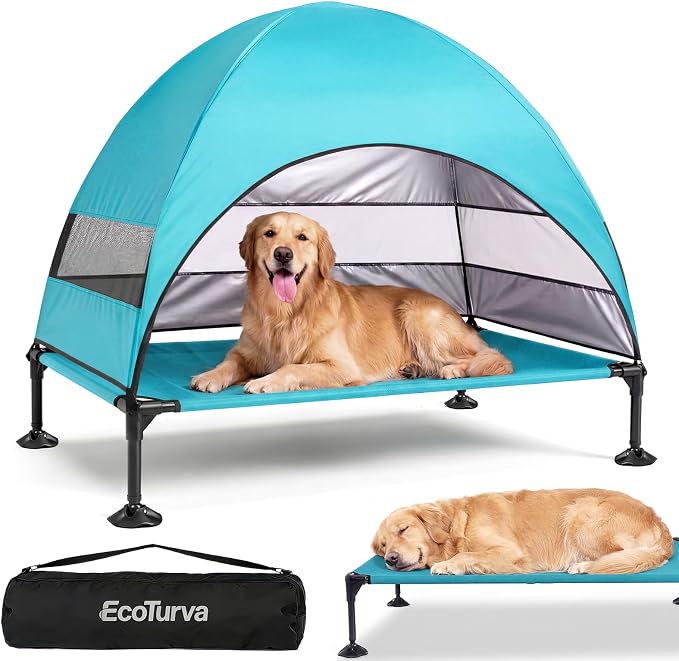 Elevated Dog Bed with Canopy - 3-Sided UV Protection Pet Tent with Wider Shade, Raised Cooling Outdoor Dog Cot with Breathable Mesh for Medium Large Dogs, Portable Pet Bed for Camping, Patio (Aqua, L)