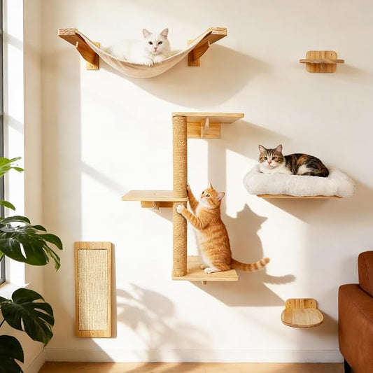 6in1 Cat Wall Shelves Climbing Systems, Large Cat Furniture Shelf Set Wall Hanging Mounted, Hammock Sisal Scratching Perch Bed 2 Steps Tower Tree for Indoor House Corner Ladder