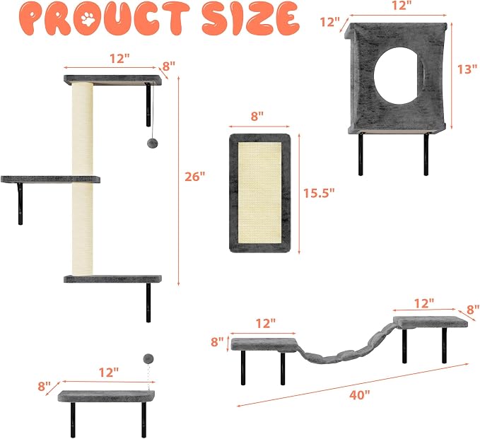 11-in-1 Cat Wall Shelves Cat Climbing Furniture with Wall Mounted Perch & Lounge for Indoor Cats, Space-Saving Cat Climbing Wall Systems, Dark Gray