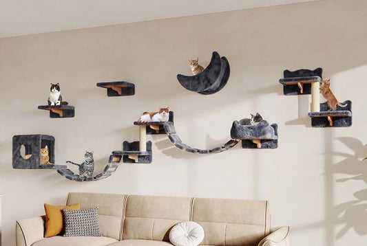 13-in-1 Cat Wall Shelves, Moon & Bridge Cat Wall Furniture, Grey | Wall Mounted Cats Shelf Set with Plush Fabric, Cat Climbing Systems for 16 Inch Drywall, Condo, Scratching Post, Space-Saving