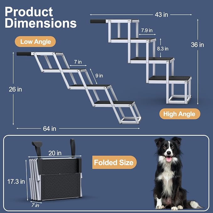 Extra Wide 20" Dog Stairs for Large Dogs, Dog Ramp for Car 4 Steps | Foldable Aluminum Dog Steps for Car with Non-Slip Surface, Dog Stairs for Cars SUV High Beds Trucks, Pet Stairs up to 250 lbs