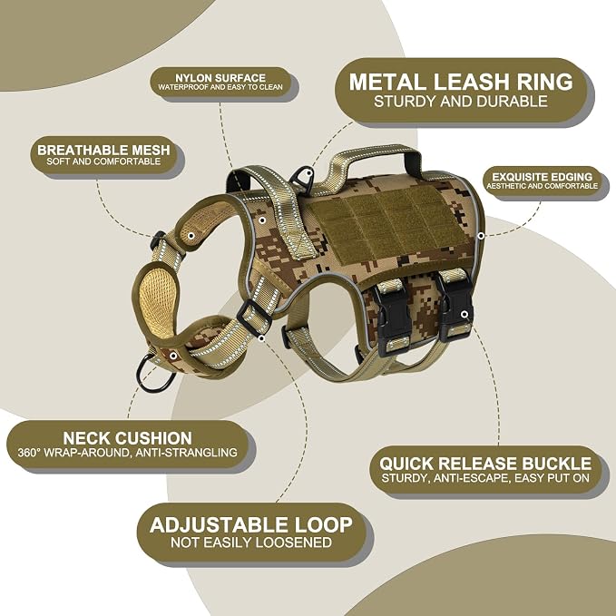 Dog Harness for Large Dogs, No Pull Tactical Vest with Front Clips | Easy Contrl Handle, Breathable Soft Padded, Adjustable, Reflective, Heavy Duty, Easy Take On & Off, Desert Camo X-Large