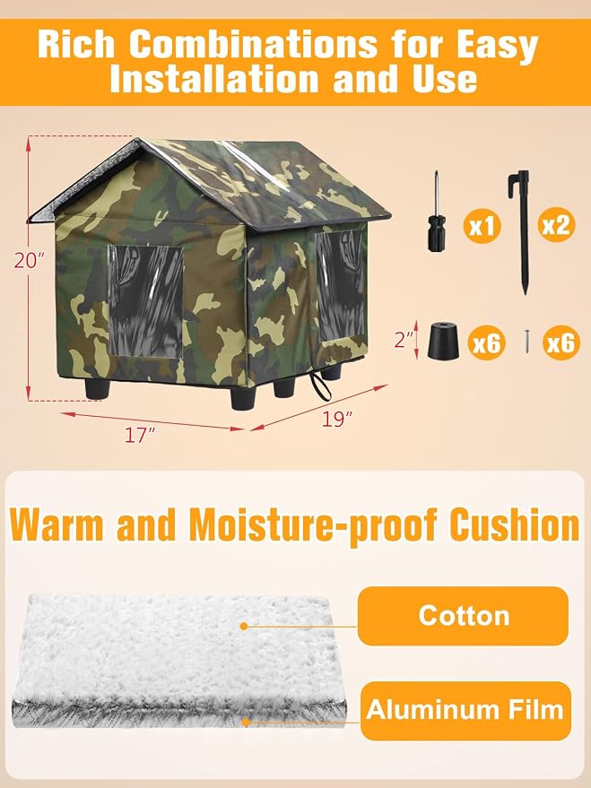 Elevated Insulated Outdoor Cat House Weatherproof - 20"x19"x17" Waterproof PVC Top & Aluminum Film Liner Camouflage Feral Cat Shelters for Keeping Cats Winter Warm, Green