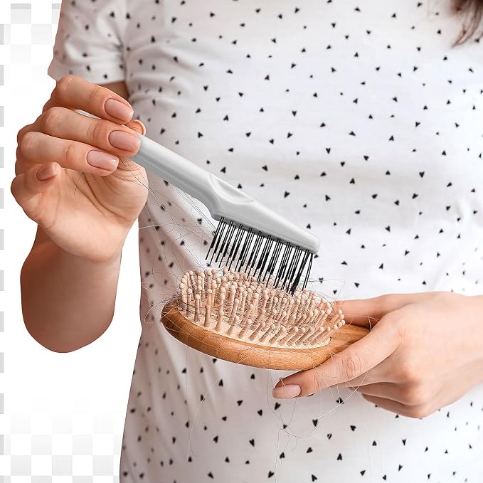 Boao 2 Pack Hair Brush Cleaning Tool,2-in-1 Comb Rake and Brush Cleaner for Removing Hair,Dust and Buildup,Mini Hairbrush Accessory for Home&salon(Gray, Wood Color,Polished Wooden Handle Rake)