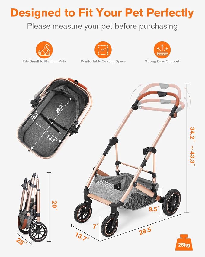 HOVONO Dog Stroller with Detachable Carrier for 2 Pets up to 60 lbs | 3-in-1 Cat Stroller with Lightweight Aluminum, 9.5” Shock-Absorbing Rubber Wheels for All-Terrain, Extra Large Storage Basket