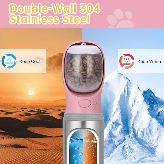 Portable Dog Water Bottle with Food Container, 14 OZ, Stainless Steel Leak Proof Puppy Water Dispenser with Drinking Feeder for Pets Travel, Walking, Hiking and Outdoor Activities