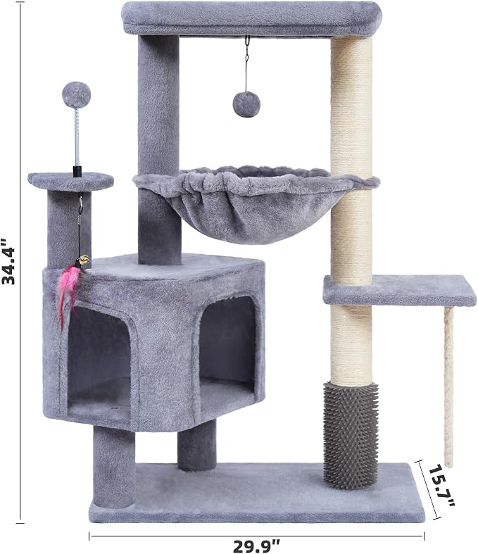 Cat Tree for Indoor Cat, with Cat Condo and Hammock, Grey | Cat Tree with Self-Grooming Brush and Toy Balls,Cat Tower with Scratching Posts