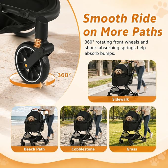 Pet Stroller for Small Dogs and Cats, Detachable Dog Cat Stroller with All-Terrain Shock Absorbing Wheels, One-Click Foldable Design, Adjustable Canopy (Khaki)