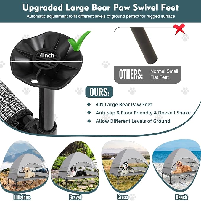 Elevated Outdoor Dog Bed with Canopy Raised Dog Cot with Shade Large Dog | Outdoor Dog Bed with Removable Wider Shade & Stable Anti-Slip Feet for Camping Raised Dogs Cot for Large Pets, Dark Gray