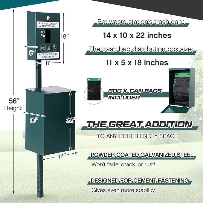 Blulu Dog Waste Station Outdoor Dog Waste Trash Can with Poop Bag Dispenser and 600 Can Liners Galvanized Steel Pet Poop bin Reflective Sign Rust Proof pet Trash Bin for Commercial Park Backyard