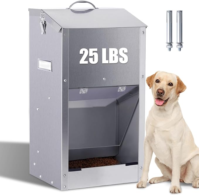 Automatic Dog Feeder Large Breed Stainless Steel Feeder Dispenser | 25LBS Outdoor Dog Feeders for Large Dogs, Automatic Dog Food Dispenser for Large Dogs and Cats
